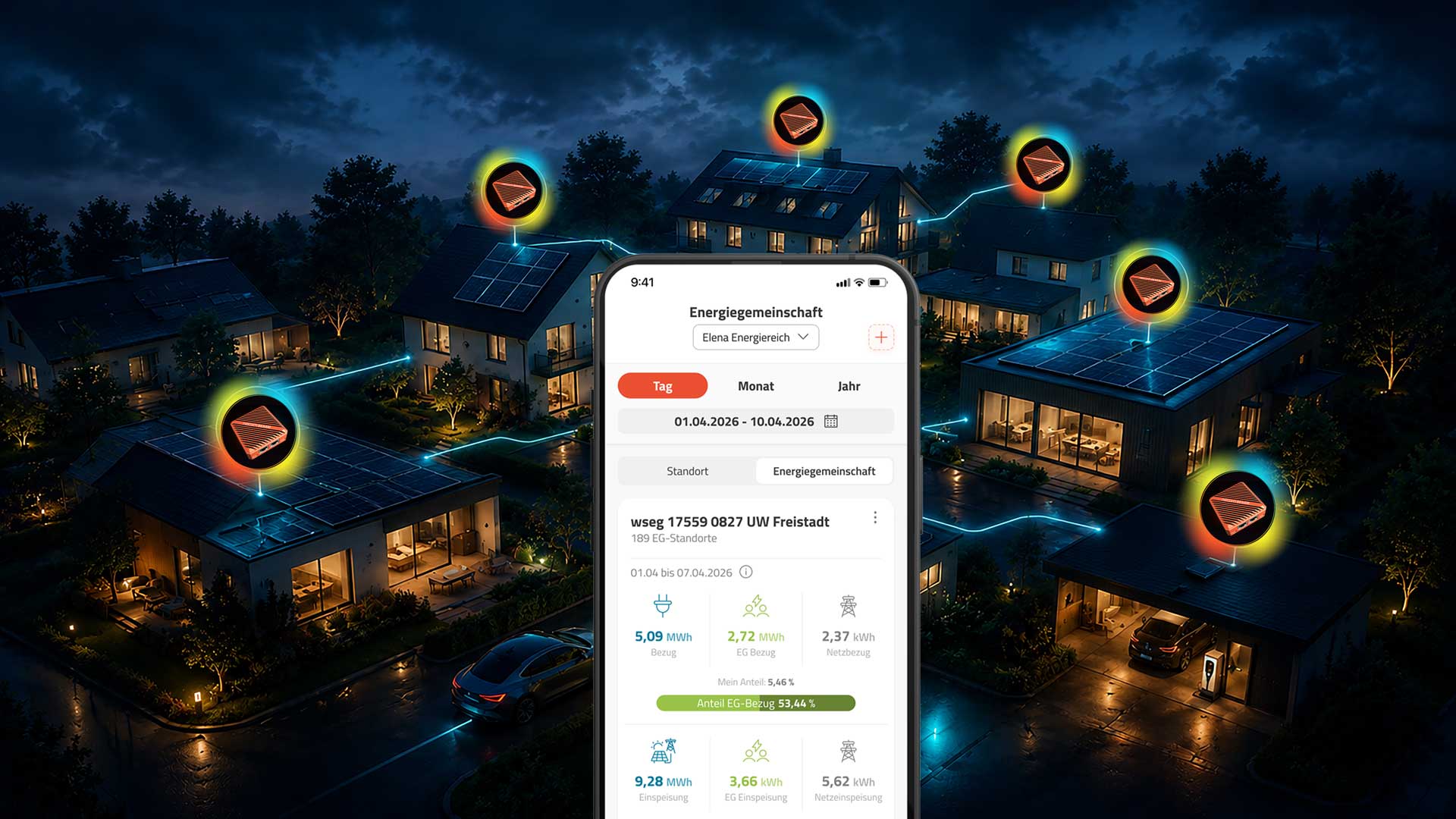 Dorf bei Nacht mit Photovoltaikanlagen, die im Peer-to-Peer-Modell Strom teilen