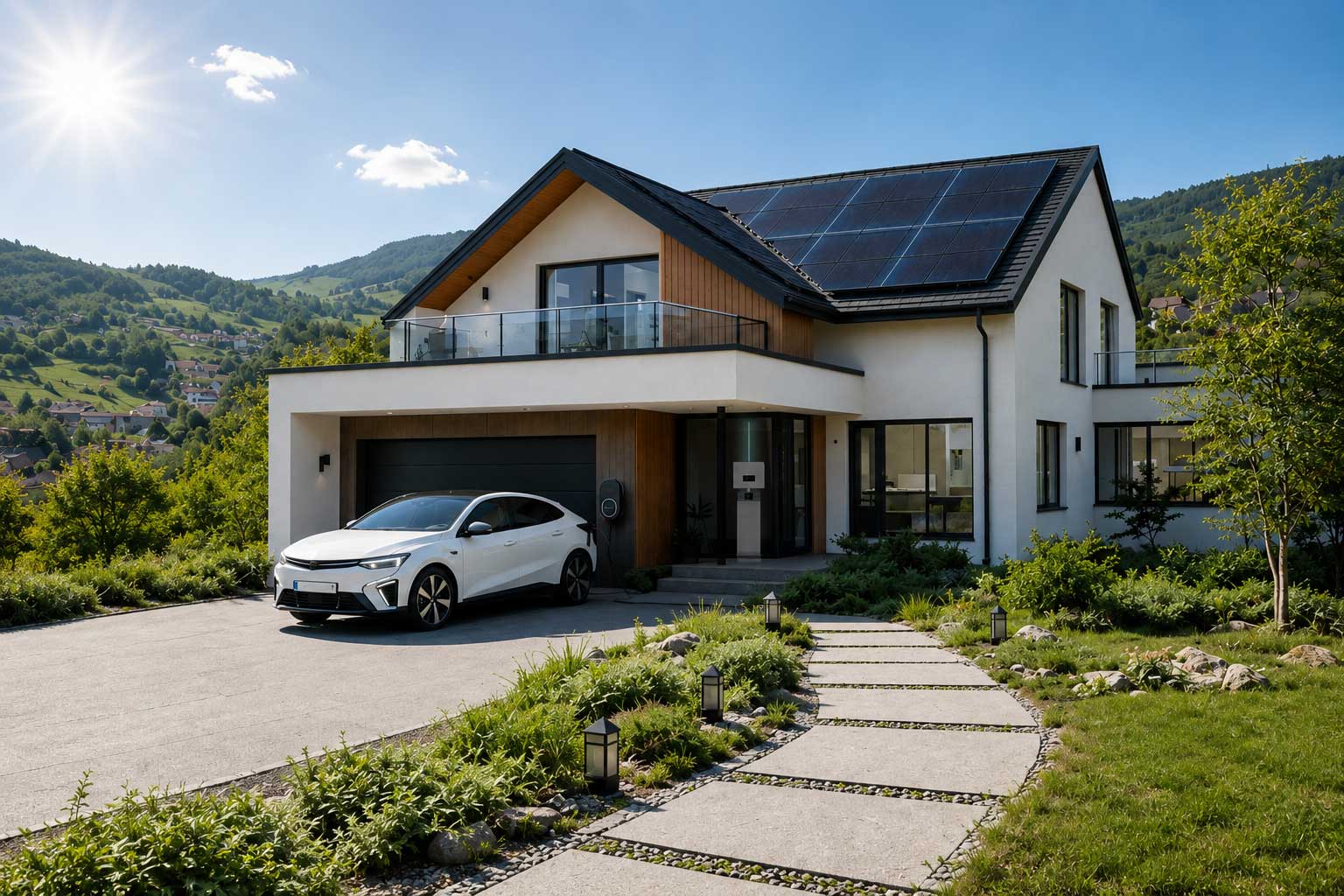 Haus mit Photovoltaik, Stromspeicher und Ladestation